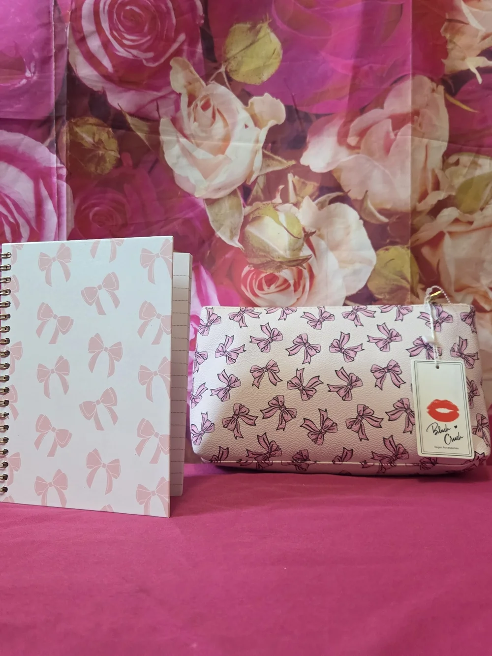 Pretty Pink Bow Tie Travel Bag Pin And Notebook